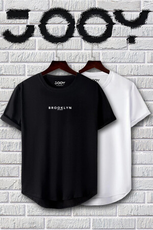 Brooklyn Baskılı Siyah Beyaz Oval Kesim Tshirt 2'li Set - 1