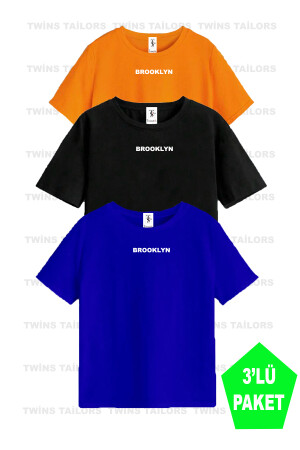 Brooklyn bedrucktes 3er-Pack Unisex-T-Shirt/T-Shirt für Kinder in Orange, Schwarz und Saxophonblau - 1