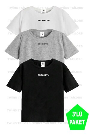 Brooklyn bedrucktes 3er-Pack Unisex-T-Shirt/T-Shirt für Kinder in Schwarz-Weiß-Grau - 1