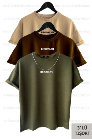 Brooklyn bedrucktes Unisex-Set mit 3-teiligen, übergroßen T-Shirts in Braun-Khaki-Beige (lockere Passform). - Buğraterzimoda