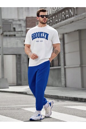 Brooklyn T-Shirt Eşofman Altı Jogger - Beyaz Sax Mavi Baskılı Eşofman Takımı Oversize Bisiklet Yaka - 1