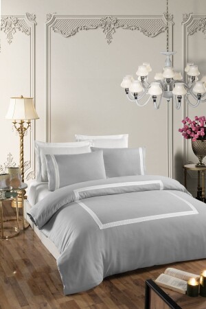 Buckingham V. 2 Bettbezug-Set aus 100 % Baumwollsatin, Eck-Spannbettlaken, King-Size-Bett, King-Size-Bett, Grau, Weiß, CK004 - 1