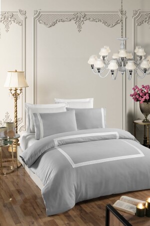 Buckingham V. 2 Bettbezug-Set aus 100 % Baumwollsatin, Eck-Spannbettlaken, King-Size-Bett, King-Size-Bett, Grau, Weiß, CK004 - 3