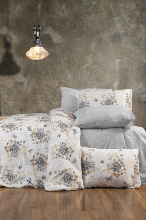 Buket Gri Çiçekli 6 Parça Çift Kişilik Lastikli Çarşaflı Nevresim Takımı cndn-buketgri-çk - CANDAN ÇEYİZ