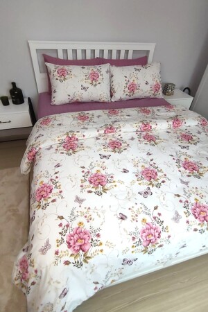 Buket Pink Floral 6-teiliges Doppelbett-Bettbezug-Set mit elastischen Laken cndn-buketpembe-çk - 1