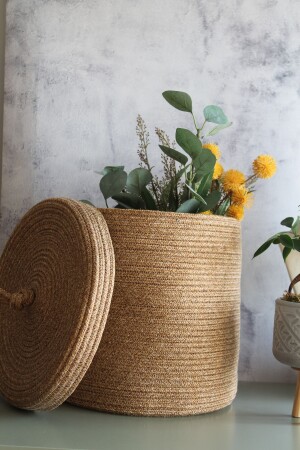 سلة ميكر من النسج اليدوي مع غطاء اليهوت - سلة حمام قذرة - سلة منظمة المطبخ وعلبة الزهور - Bukika