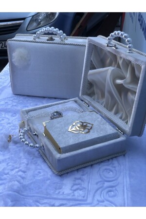 Bündel Mitgiftgeschenk in Perlen-Detaillierter Tasche (Koran-Gebetsteppich-Tesbih-Zikirmatik-Set) Creme 70 x 120 - 1