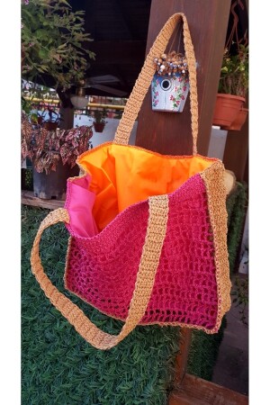 Bunte handgestrickte Strandtasche aus Stroh - 1