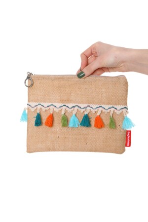 Bunte Jute-Clutch-Tasche mit Pompons und Quasten, Jute-Serie - 1