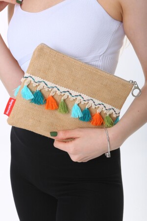 Bunte Jute-Clutch-Tasche mit Pompons und Quasten, Jute-Serie - 8