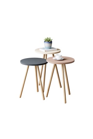 Bunter dreifach ineinander setzbarer Couchtisch mit Holzbeinen, rund, Pastell-Design, Grau-Creme-Cappuccino, BAHARYURVALAK - 4