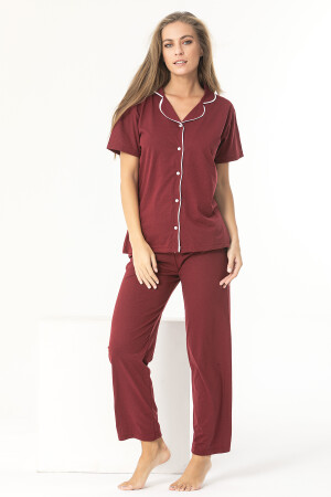 Burgunderfarbenes Kurzarm-Pyjama-Set aus Baumwolle ÖND-P-4109 - 4