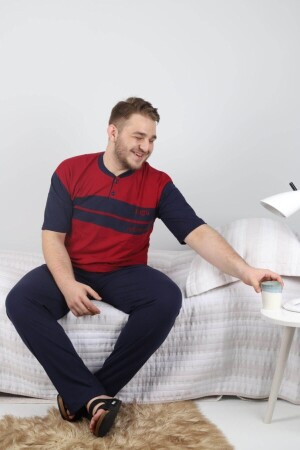 Burgunderrotes kurzärmliges Single-Jersey-Pyjama-Set in Übergröße für Herren - 1