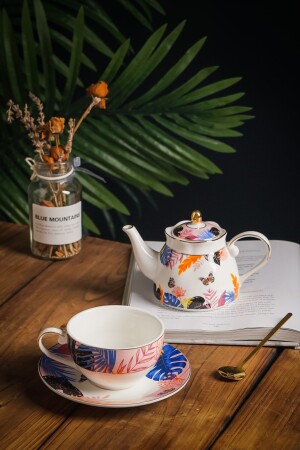 Butterfly 4 Parça Kelebek Desenli Çay Ve Kahve Fincanı - Porselen Demlik Seti - Vadi