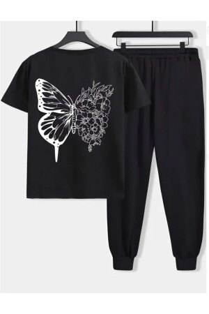 Butterfly Eşofman Altı T-shirt - Siyah Jogger Tişört Alt Üst Eşofman Takımı Oversize Bisiklet Yaka - 1