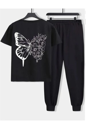 Butterfly-Jogginghose-T-Shirt – Schwarzes Jogger-T-Shirt unten oben, Trainingsanzug-Set, übergroßer Rundhalsausschnitt - 1