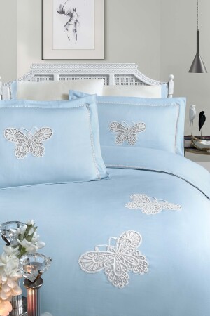 Butterfly V.1 %100 Pamuk Saten Nevresim Takımı Lastikli Çarşaf King Size (XL) Gök Mavi Beyaz FL009 - 4