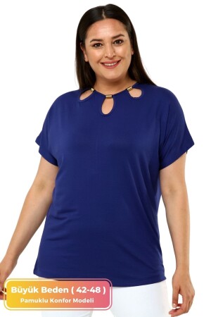 Büyük Beden Konfor Modeli Şık Yaka Detaylı Pamuklu Curve Kısa Kollu Yazlık Abiye Tunik T-shirt - 1