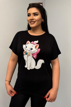 Büyük Beden Sevimli Kedi Baskılı Oversize Tshirt - 1