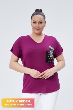 Büyük Beden Yeni Sezon Rahat Konfor Modeli Cep Detaylı Kısa Kollu V Yaka Penye Tunik T-Shirt - 1