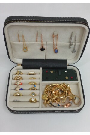 Büyük Boy ( 14×21) Düzenleyici Takı Saklama Kutusu Seyehat Mücevher Çantasi Deri Ahşap Kasa - Moda Fiesta