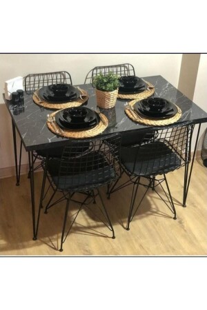 Byk Mobilya Mermer Görünümlü Masa Sandalye Takımı 4 Adet Tel Sandalye Masa Takımı 70x110 - Can Concept