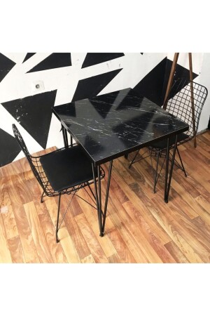 Byk Mobilya Tischset mit schwarzem Marmormuster und Stühlen STNTY00228 - 2