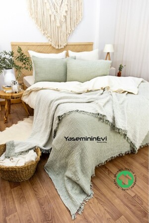 MNZ-Green 4 طبقة مسلين غطاء السرير/2 قضايا الوسادة - Yasemininevi