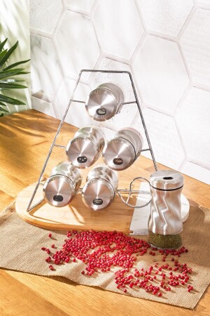 Cam Tottori Inox 7 Parça Üçgen Standlı Cam Baharatlık-baharat Seti 7 Parça 153.03.06.4730 - Karaca