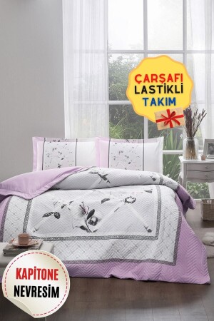 Camelia Doppel-Steppbettbezug-Set mit elastischen Laken, Grau, özdilekçk8490 - 3