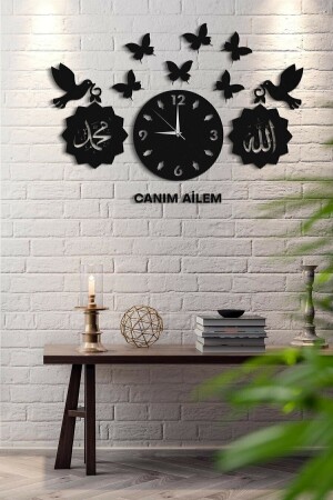 Canım Ailem Kuş Kelebek Allah Muhammed Lazer Kesim Ahşap Duvar Saati Smr001 SMR001 - 2