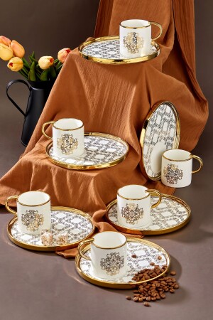 Carmen 6 Kişilik Porselen Gold Detaylı Otantik Desenli Kahve Fincan Takımı - Vadi