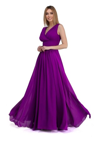 Carmen Fuchsia Chiffon Langes Abendkleid mit V-Ausschnitt - 1