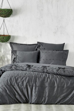 Carmen King Size Bettbezug-Set, 100 % Bio-Baumwolle, Satin, Stickerei, Anthrazit, 240 x 220 cm, TYC00556698944 - 2