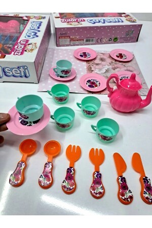 Çay Seti Evcilik ve Mutfak Setleri Kız Çocuk Oyuncak 19 Parça 25x33cm 6 fincan 6 tabak kaşık çatal - 1