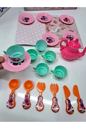Çay Seti Evcilik ve Mutfak Setleri Kız Çocuk Oyuncak 19 Parça 25x33cm 6 fincan 6 tabak kaşık çatal - 3