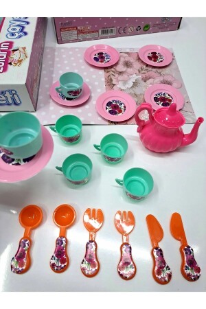 Çay Seti Evcilik ve Mutfak Setleri Kız Çocuk Oyuncak 19 Parça 25x33cm 6 fincan 6 tabak kaşık çatal - 4