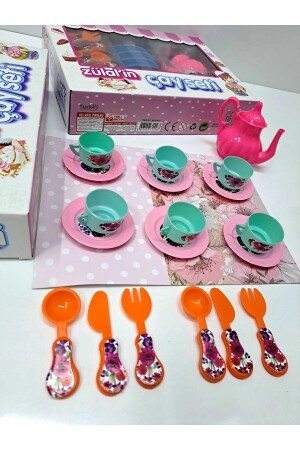 Çay Seti Evcilik ve Mutfak Setleri Kız Çocuk Oyuncak 19 Parça 25x33cm 6 fincan 6 tabak kaşık çatal - 8