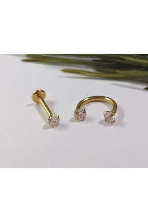 Cerrahi Çelik Zirkon Taşlı Gold Piercing- Küpe- Kulak- Kıkırdak- Tragus- Helix (2 Li Set) - 2