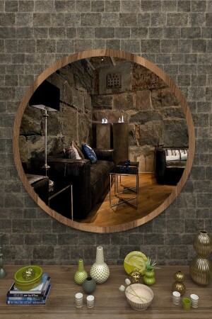 Ceviz Ahşap Dekoratif Yuvarlak Antre Hol Koridor Duvar Salon Mutfak Banyo Wc Ofis Aynası 60 Cm - 1
