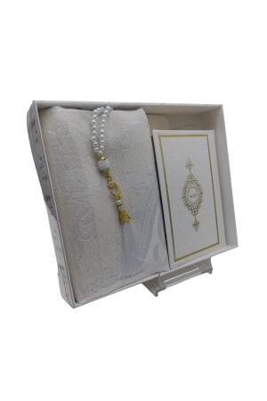 Çeyizlik Hediyelik Kutulu Beyaz Seccade Seti Lüks Tafta Seccade İnci Tesbih Çanta Boy Kuran-ı Kerim - Sin@Rasta