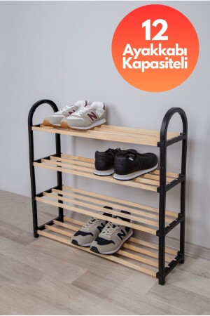 MNZ-Chawood 4-قسم أسود حذاء رف واحد رف الأحذية الخشبية الصلبة مع عصا الخشب - Çavdar Group