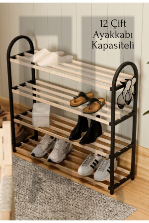 MNZ-Chawood 4-قسم أسود حذاء رف واحد رف الأحذية الخشبية الصلبة مع عصا الخشب - Çavdar Group