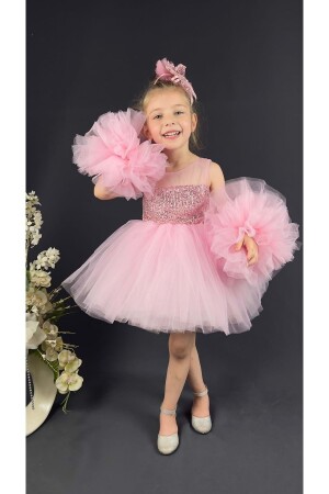 Chiffon Robe Pompom Ärmel Pailletten Mädchen Krinoline Rock Tutu Abendkleid Rosa - 1