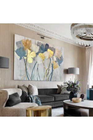 Blumengemälde auf grauer Basis, Gold/Marineblau, Blume HRKBRV070539108 - HEDİYE AKSESUARCIM