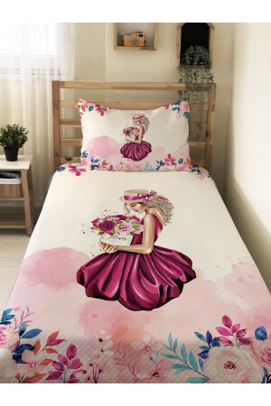 Çiçek Ve Kadın Desenli Genç Ve Çocuk Baskılı Tek Kişilik Pike Takımı 160x230 Renkli - Evmila