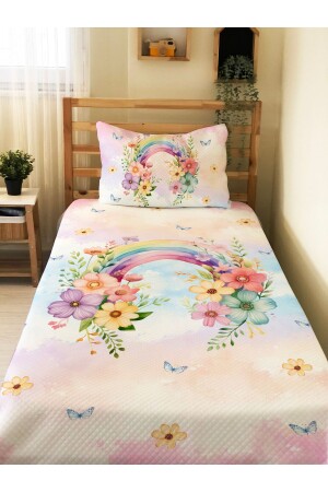 Çiçekli Gökkuşağı Desenli Tek Kişilik Pike Takımı 160x230 Cm - Evmila