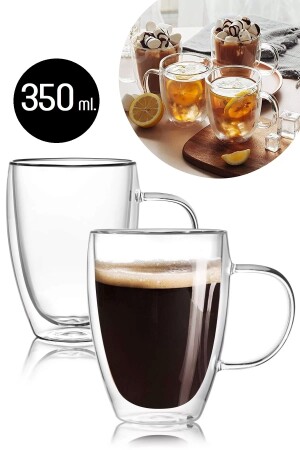 Çift Cidarlı Kupa Bardak 350 Ml Ofis Ev Espresso Kahve Çay Fincanı Borosilikat Kulplu Cam Bardağı Dayanıklı El Yapımı Çift Cidarlı Bardak - 5