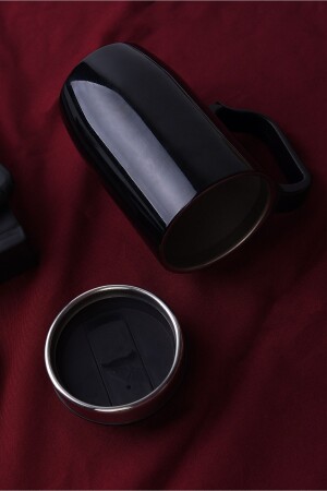 Çift Katmanlı Kauçuk Taban 250ml Parlak Siyah Kulplu Paslanmaz Çelik Termos Bardak Mug Kupa Kahve - 3