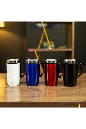 Çift Katmanlı Kauçuk Taban 250ml Parlak Siyah Kulplu Paslanmaz Çelik Termos Bardak Mug Kupa Kahve - 5